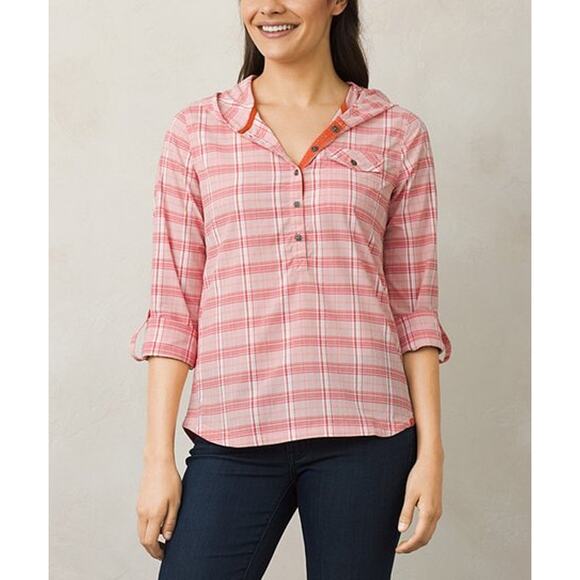 Prana Anja Hooded Shirt Plaid Roll Tab Button-Front Pullover Pink Size Medium - Picture 10 of 10